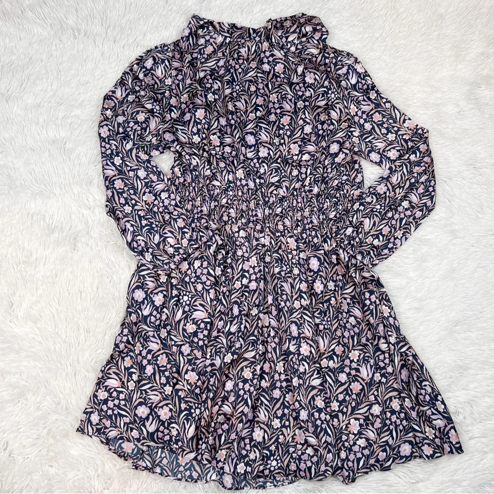 J Crew long‎ sleeve ruffle V-neck mini dress in floral fields smocked waist